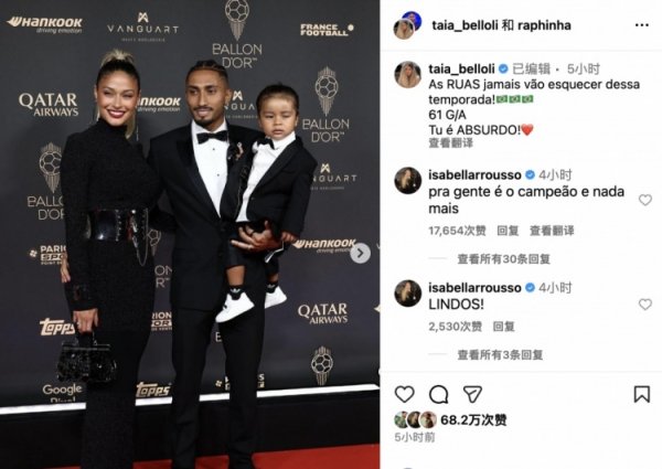 拉菲尼亚细君晒庆典像片饱读吹丈夫：不会健忘这赛季，61个参与进球